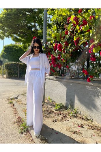Kadın Oversize Gömlek Pantolon Takım – %100 Pamuk Keten Dokulu Kumaş – Saf Beyaz