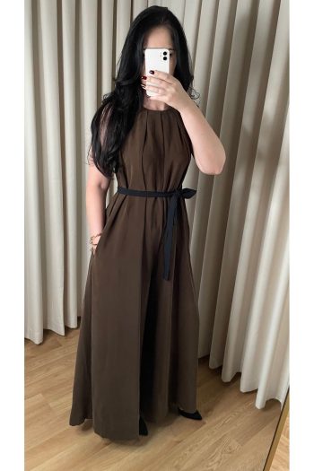 Kadın Kahverengi Kuşaklı Palazzo Tulum – Yuvarlak Yaka, Cepli, Şık Tasarım