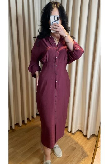 Kadın Bordo Uzun Kollu Kuşaklı Gömlek Elbise - Midi Boy Şık Ofis ve Günlük Elbise