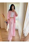 Kadın Oversize Gömlek Pantolon Takım – %100 Pamuklu Keten Görünümlü – Pembe