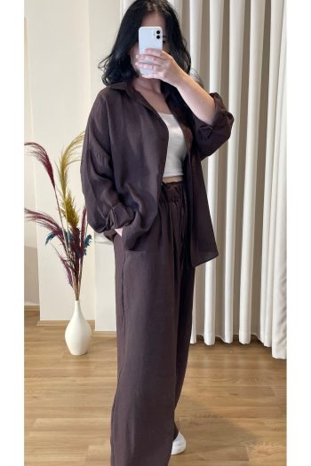 Kadın Oversize Gömlek Pantolon Takım – %100 Pamuk – Acı Kahve