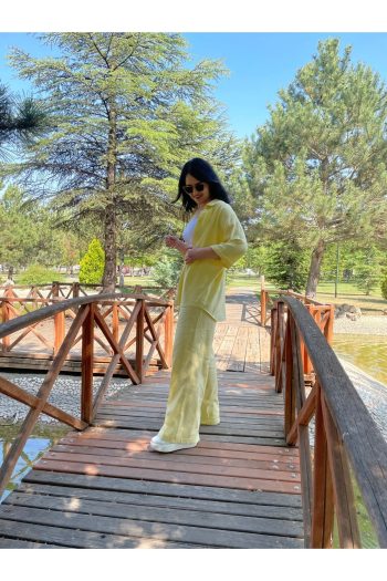 Kadın Oversize Gömlek Pantolon Takım – %100 Pamuk Keten Dokulu Kumaş – Sarı