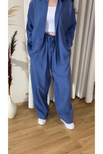 Kadın Oversize Gömlek Pantolon Takım – %100 Pamuk – İndigo