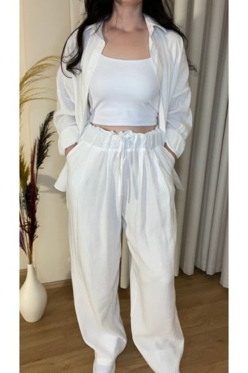 Kadın Oversize Gömlek Pantolon Takım – %100 Pamuk-Beyaz