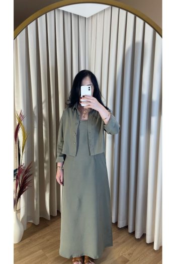 Haki Takım - Askılı Elbise & Gömlek İkili Kombin
