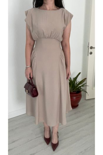 Taş Rengi Omzu Vatkalı Kuşaklı Yandan Fermuarlı Midi Elbise