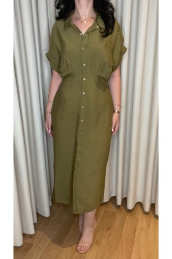 Yağ Yeşili Kısa Kollu Kuşaklı Gömlek Elbise - Midi Boy Şık Ofis ve Günlük Elbise