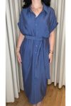 İndigo Kısa Kollu Kuşaklı Gömlek Elbise - Midi Boy Şık Ofis ve Günlük Elbise