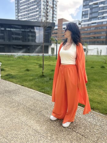 Uzun Kimono Gofre Takım-Turuncu