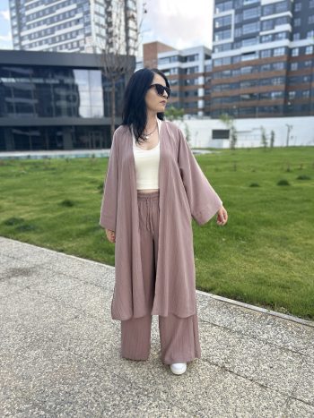 Uzun Kimono Gofre Takım-Gül Kurusu