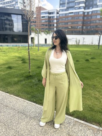 Uzun Kimono Gofre Takım-Yeşil